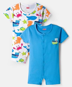 Babyhug 100% Cotton Knit Half Sleeves Rompers with Sea Life Print Pack of 2 - White & Blue
