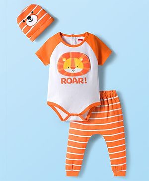 Babyhug 100% Cotton Knit Half Raglan Sleeves Onesie with Striped Leggings & Cap Lion Print & Patch - Orange