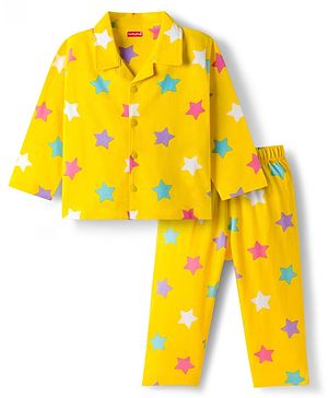 Babyhug Cotton Knit Full Sleeves Co-ord Night Suit With Star Print - Yellow