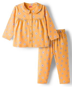 Babyhug Cotton Knit Full Sleeves Co-ord Night Suit With Floral Print - Yellow