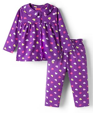 Babyhug Cotton Knit Full Sleeves Co-ord Night Suit With Heart Print - Purple