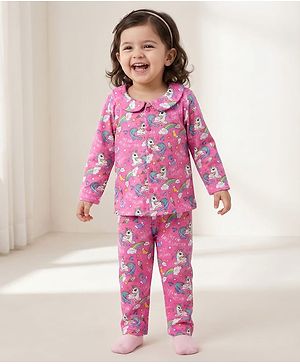Babyhug Cotton Knit Full Sleeves Co-ords Front Open Night Suit with Unicorn Print - Pink