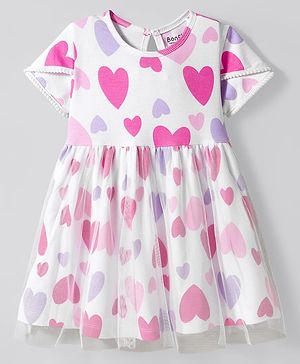 Bonfino 100% Cotton Knit Half Sleeves Ribbed Frock with Hearts Print & Mesh Detailing - White