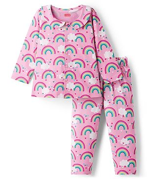 Babyhug Cotton Knit Full Sleeves Co-ord Night Suit With Rainbow Print - Pink