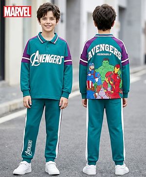 Pine Kids Marvel Terry Knit Drop Shoulder Full Raglan Sleeves Oversized Polo T-Shirt & Lounge Pant Set with Avengers Graphic - Teal Blue