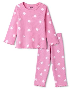 Bonfino 100% Cotton Rib Knit Full Sleeves Co-ords Night Suit with Star Print - Pink