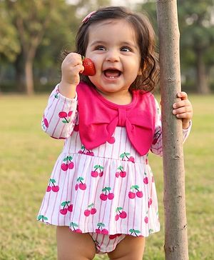 Babyhug 100% Cotton Knit Full Sleeves Frock Style Onesie with Bow Applique & Cherry Print - White