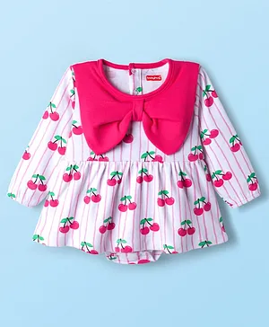 Babyhug 100% Cotton Knit Full Sleeves
                              Frock Style Onesie with Bow Applique &
                              Cherry Print - White