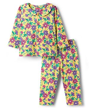 Babyhug Cotton Knit Full Sleeves Co-ord Night Suit With Floral Print - Yellow
