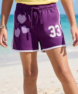 Pine Kids Looper Knit Mid Thigh Length Shorts with Numerical &  Heart Print- Purple