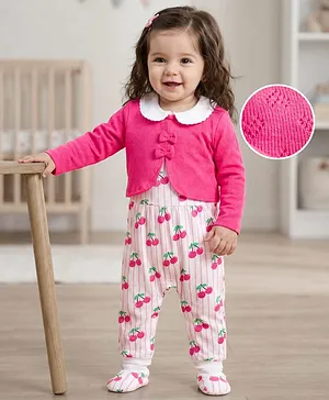 Babyhug 100% Cotton Knit Full Sleeves
                              Striped Romper with Booties & Cherry
                              Print - Multicolor