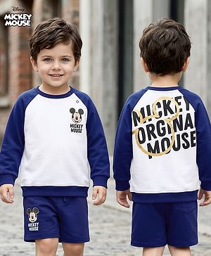 Bonfino Disney Terry Knit Full Raglan Sleeves T-Shirt & Shorts Set with Front & Back Mickey Mouse Graphic & Gold Glitter - Navy Blue
