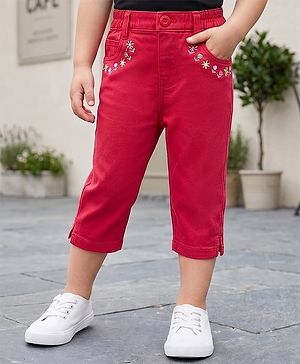 Babyhug Twill Woven Capri With Stretch & Floral Embroidery - Coral