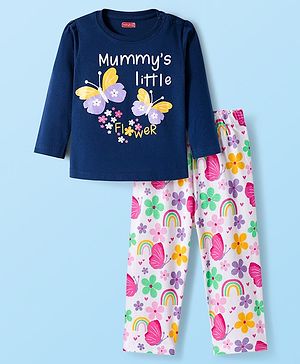 Babyhug Cotton Knit Full Sleeves Night Suit With Floral Print - Navy Blue