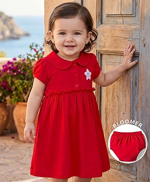 Babyhug Single Jersey Knit Half Sleeves Frock with Bloomer & Star Print - Red