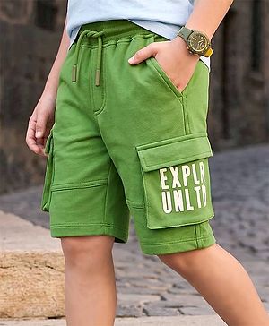 Pine Kids 100% Cotton Knit Shorts With Text Print & Cargo Pockets - Green