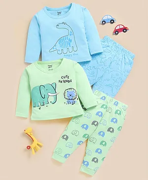 TOONYPORT Cotton Blend Knit Pack Of 2
                              Full Sleeves Dinosaur & Elephant
                              Printed Tees With Trousers Set - Blue
                              & Green