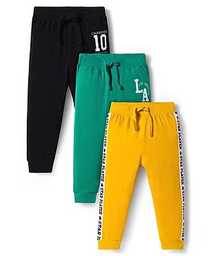 Babyhug Cotton Knit Full Length Lounge Pants with Sports Theme Print Pack of 3 - Yellow Mint & Black