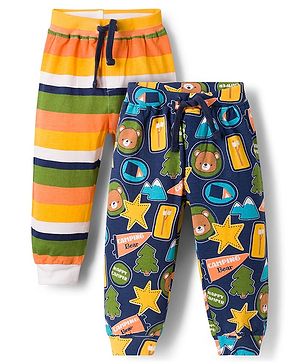 Babyhug Cotton Jersey Knit Full Length Striped & Teddy Bear Printed Lounge Pants Pack of 2 - Multicolor