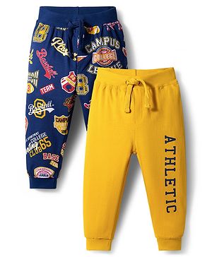 Babyhug Cotton Jersey Knit Full Length Lounge Pants With Athletic Theme Print Pack Of 2 - Multicolour