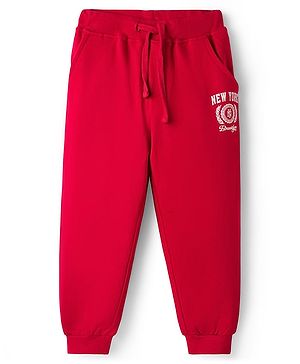 Babyhug Looper Knit Full Length Lounge Pant With Text Print - Red