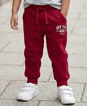 Babyhug Cotton Knit Full Length Lounge Pant With New York Print - Dark Red