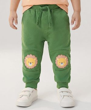 Babyhug Cotton Knit Full Length  Lounge Pant with Lion Patch - Green