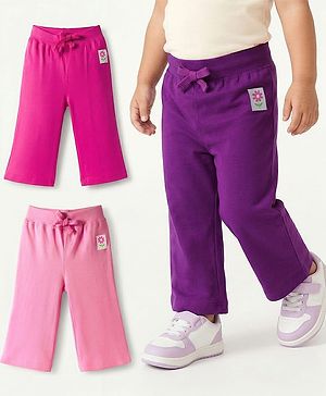 Babyhug Cotton Knit Full Length  Lounge Pant with Floral Print Pack of 3 - Pink & Purple
