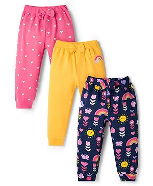 Babyhug Cotton Knit Full Length Lounge Pants with Tropical Theme Print & Bow Applique Pack of 3 - Yellow Pink & Navy Blue