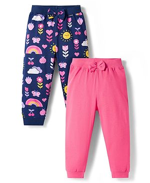 Babyhug Cotton Jersey Knit Full Length Lounge Pant With Floral Print Pack Of 2 - Navy Blue & Pink