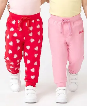 Babyhug Cotton Jersey Knit Full
                              Length Lounge Pant With Heart Print Pack
                              Of 2 - Red & Pink