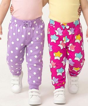 Babyhug Cotton Jersey Knit Full Length Lounge Pants with Polka Dot & Star Print Pack of 2 - Purple & Dark Pink