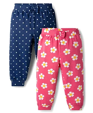 Babyhug Cotton Jersey Knit Full
                              Length Floral & Polka Dot Printed
                              Lounge Pants With Bow Applique Pack of 2 -
                              Dark Pink & Navy Blue