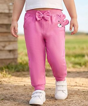 Babyhug Cotton Jersey Knit Full Length Lounge Pant With Animal Print & Bow Applique - Pink