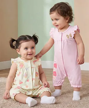Babyoye 100% Cotton Knit With Eco
                              Jiva Finish Frill Sleeves Rompers with
                              Animal Print Pack of 2 - White & Pink