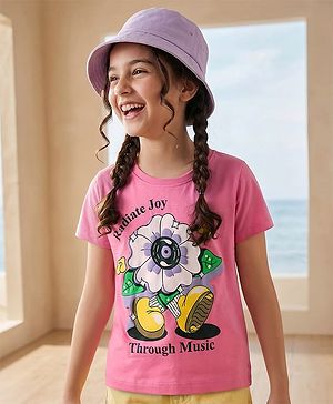 Pine Kids Cotton Knit Half Sleeves T-Shirt With Floral Print - Pink