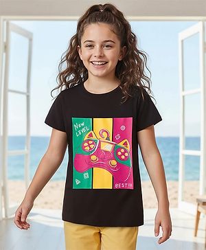 Pine Kids Cotton Knit Half Sleeves T-Shirt With Controller Print - Black