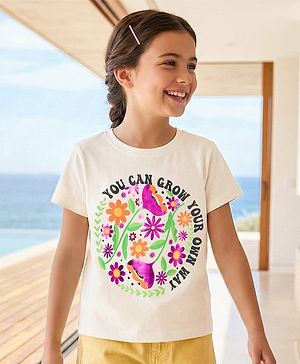 Pine Kids 100% Cotton Knit Half Sleeves Floral Printed T-Shirt - White