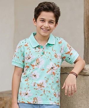 Pine Kids 100% Cotton Half Sleeves Floral Printed T-Shirt - Turquoise
