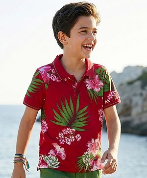 Pine Kids 100% Cotton Knit Half Sleeves Floral Printed Polo T-Shirt - Maroon