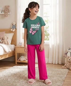 Pine Kids Single Jersey Knit Half Sleeves T-Shirt & Pyjama Night Suit With Butterfly Print - Green & Pink