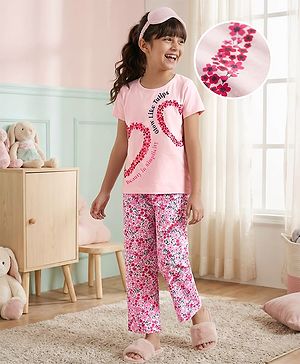 Pine Kids Single Jersey Knit Half Sleeves Top & Pajama Night Suit With Floral Print - Pink