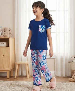 Pine Kids Single Jersey Knit Half Sleeves T-Shirt & Pajama Night Suit With Floral Print - Navy Blue