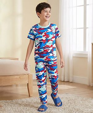 Pine Kids Cotton Knit Half Sleeves T-Shirt & Pyjama Co-ord Night Suit With Camouflage Print - White