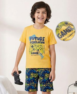 Pine Kids Cotton Knit Half Sleeves Shorts Night Suit With Text Print - Yellow