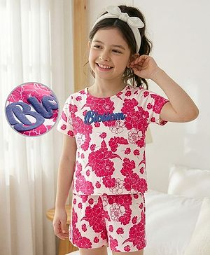 Pine Kids Cotton Knit Half Sleeves Shorts Night Suit With Floral Print - White & Red