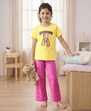 Pine Kids Cotton Knit Half Sleeves Capri Night Suit With Text Print - Lemon