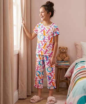 Pine Kids 100% Cotton Knit Half Sleeves Alphabet Printed T-Shirt & Capri Co-Ord Night Suit - White