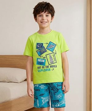 Pine Kids Cotton Knit Half Sleeves Shorts Night Suit with Space Theme Print - Limegreen