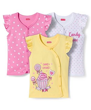Babyhug 100% Cotton Interlock Knit Frill Sleeves Jhablas With Heart & Polka Dot Print Pack of 3 - Pink Yellow & White
